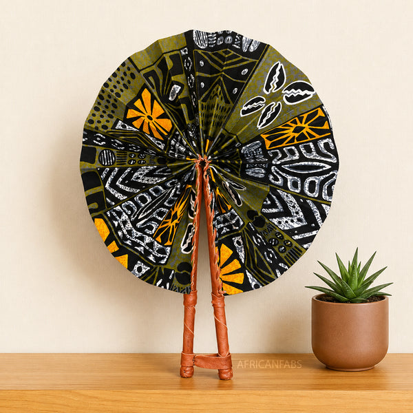 African Hand fan - Ankara print Hand fan - Olive Mustard Agyeman