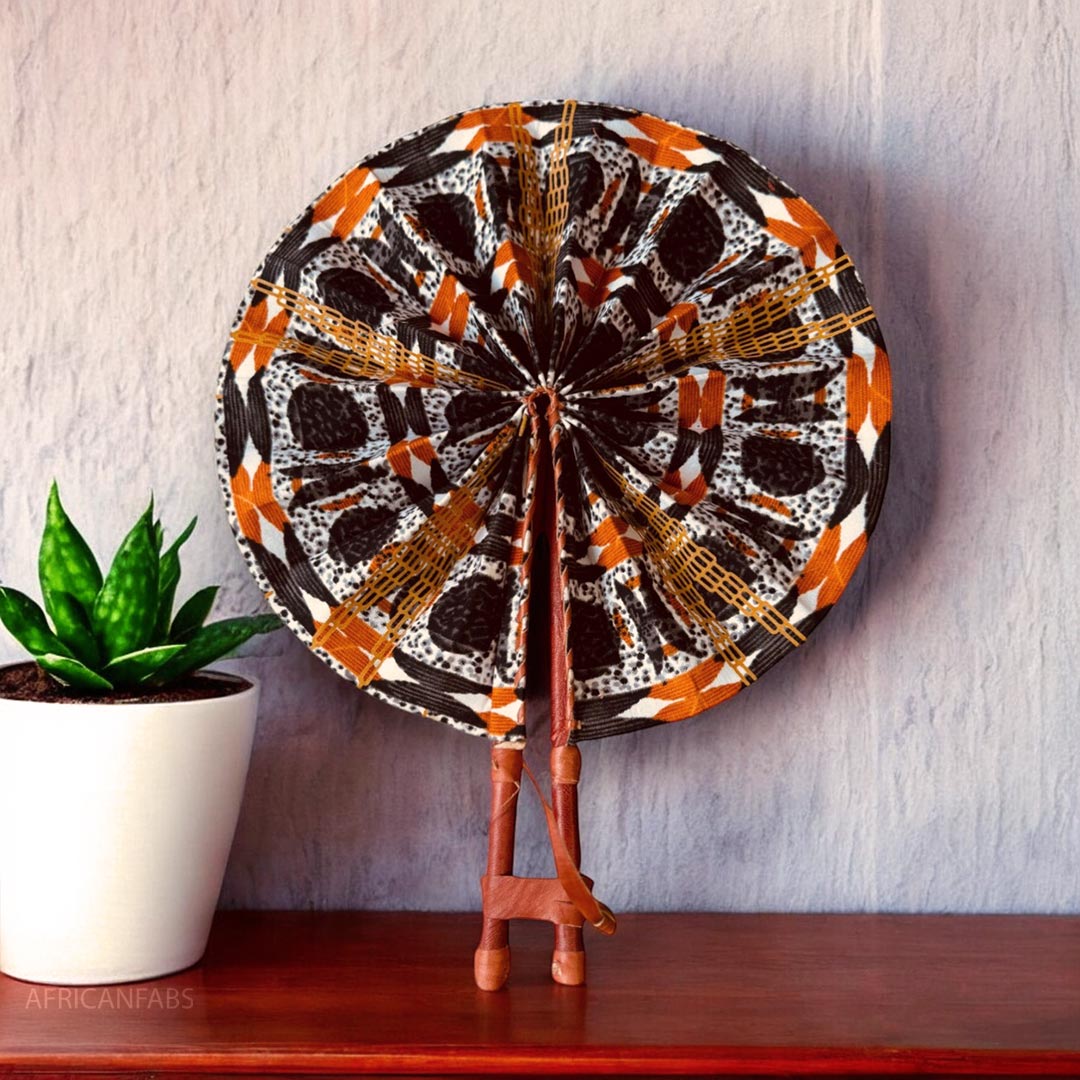 African Hand fan - Ankara print Hand fan - Kwabena - Orange