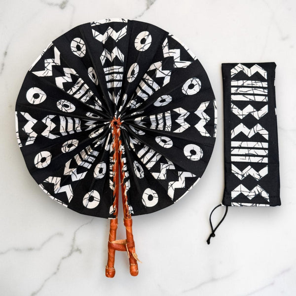 Eventail Africain - Eventail en Wax - Noir Blanc Ofori