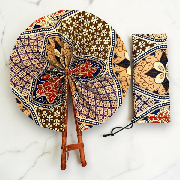 Afrikanischer Handfächer - Ankara Druck Handfächer - Beige Rot Kyeremeh
