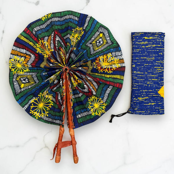 Eventail Africain - Eventail en Wax - Bleu Jaune Boakye