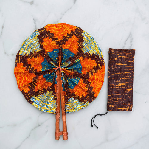 Afrikanischer Handfächer - Ankara Druck Handfächer - Braun Orange Enitan