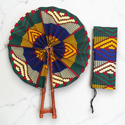 Eventail Africain - Eventail en Wax - Bleu Jaune Frimpong