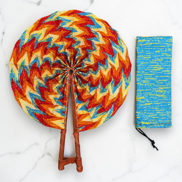 Afrikanischer Handfächer - Ankara Druck Handfächer - Orange Blau Ayim