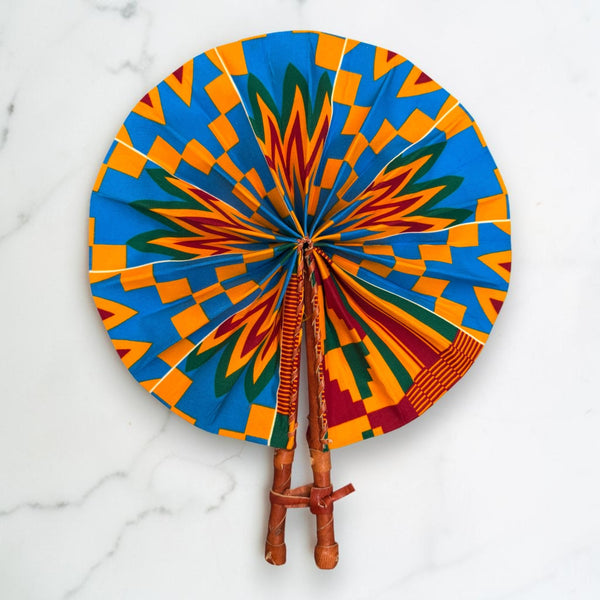 Eventail Africain - Eventail en Wax - Bleu Orange Adomako