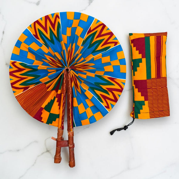 Eventail Africain - Eventail en Wax - Bleu Orange Adomako