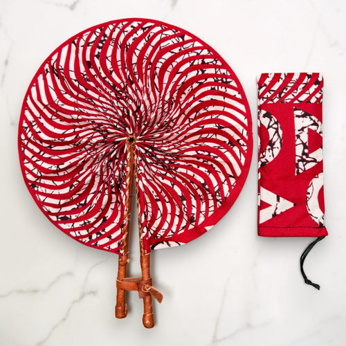 Eventail Africain - Eventail en Wax - Rouge Blanc Ansong