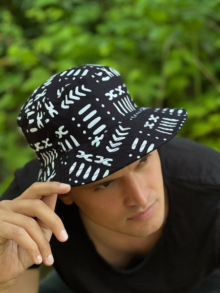 Bucket hat / Fischerhut mit afrikanischem Print - Schwarz Weiß Bogolan - Kinder Größen (Unisex)