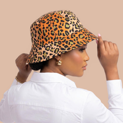 Bucket hat / Fischerhut mit afrikanischem Print - Orange Pfirsich Leopard Spots - Kinder & Erwachsene Größen (Unisex)