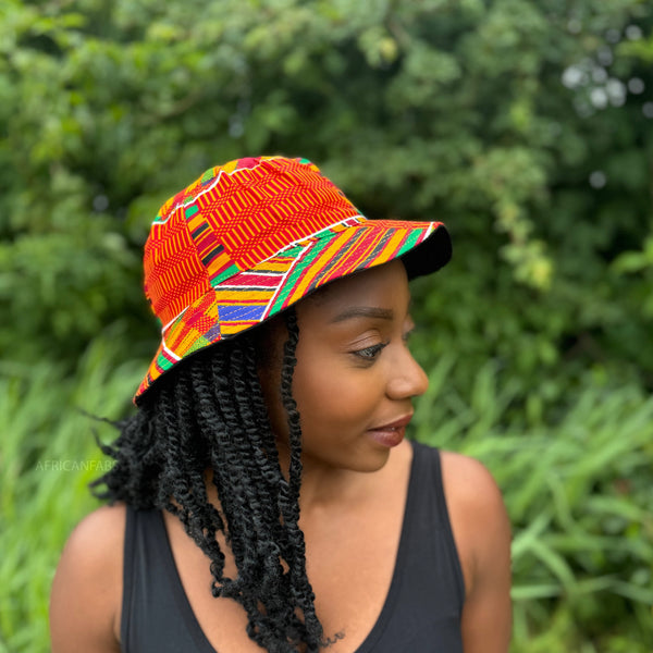 Chapeau bob / Bucket hat imprimé africain -  Kente rouge - tailles enfants et adultes (Unisexe)