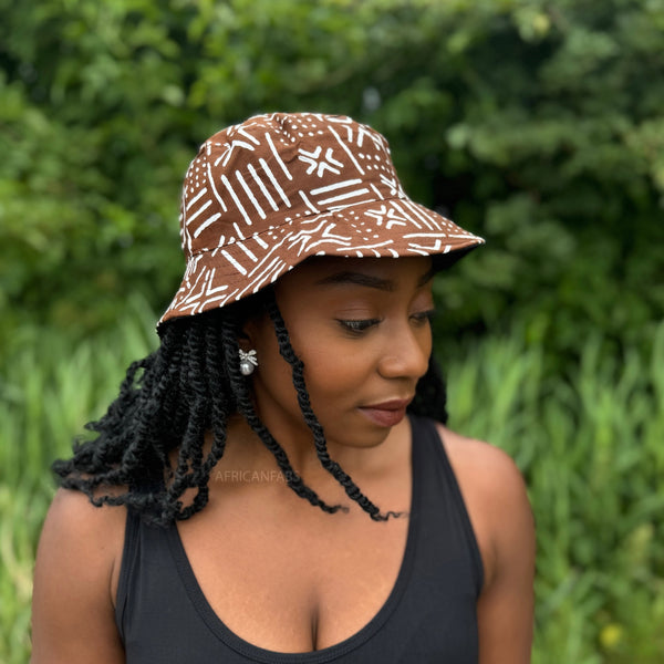 Bucket hat / Fischerhut mit afrikanischem Print - Braun Bogolan - Kinder & Erwachsene Größen (Unisex)