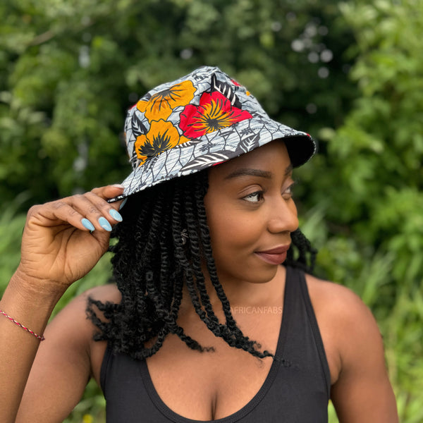 Bucket hat / Fischerhut mit afrikanischem Print - Hellgrau Flowers - Kinder & Erwachsene Größen (Unisex)