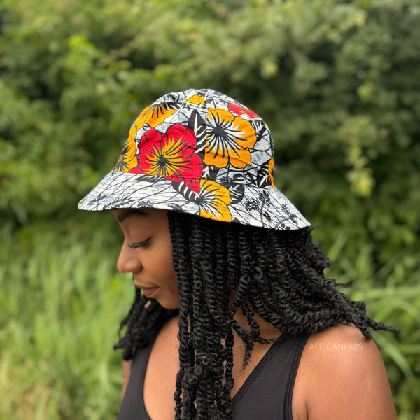 Bucket hat / Fischerhut mit afrikanischem Print - Hellgrau Flowers - Kinder & Erwachsene Größen (Unisex)