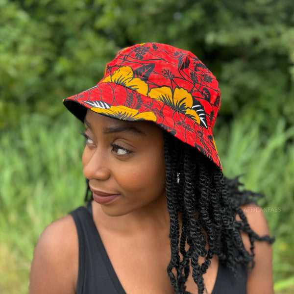 Bucket hat / Fisherman hat with African print - Red Flowers - Kids & Adults sizes (Unisex)