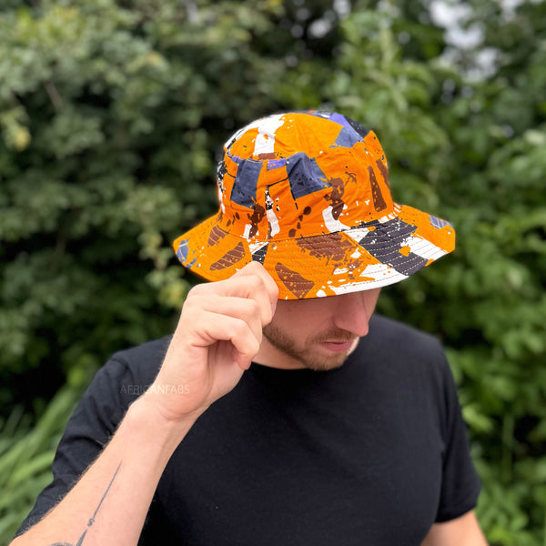 Bucket hat / Fischerhut mit afrikanischem Print - Orange Formen - Kinder & Erwachsene Größen (Unisex)