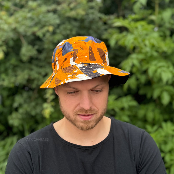 Bucket hat / Fischerhut mit afrikanischem Print - Orange Formen - Kinder & Erwachsene Größen (Unisex)