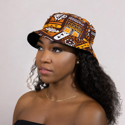 Chapeau bob / Bucket hat imprimé africain -  Motifs marrons Bogolan - tailles enfants et adultes (Unisexe)