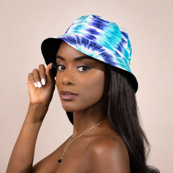 Bucket hat / Fischerhut mit afrikanischem Print - Türkis Tie Dye - Kinder & Erwachsene Größen (Unisex)