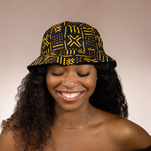 Bucket hat / Fisherman hat with African print - Black / yellow Bogolan - Kids & Adults sizes (Unisex)