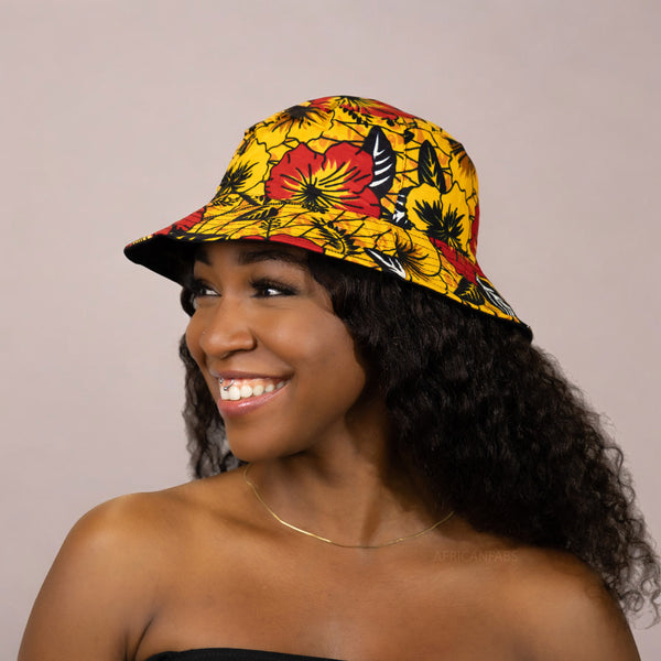 Chapeau bob / Bucket hat imprimé africain - Jaune Flowers - tailles enfants et adultes (Unisexe)