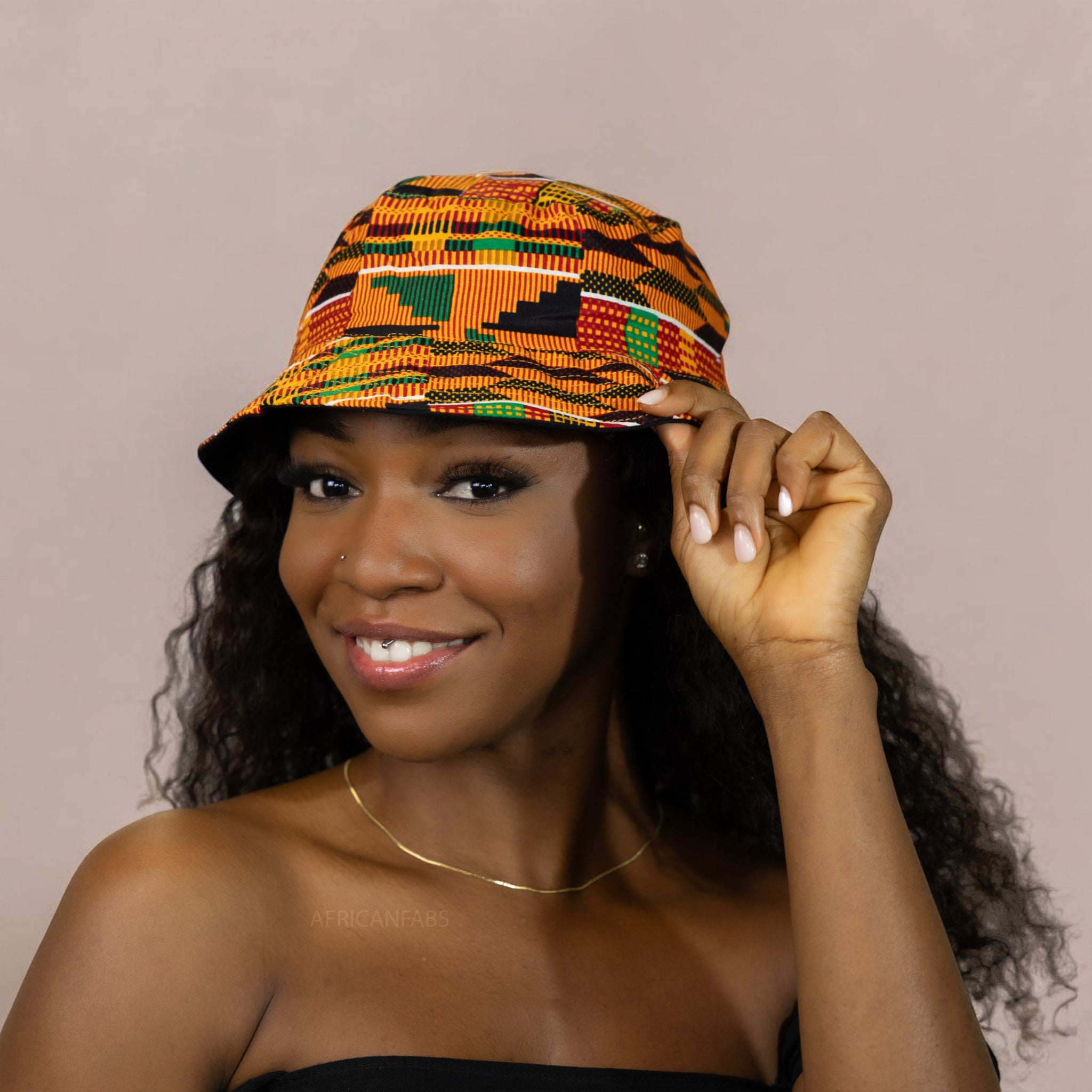 Bucket hat / Fischerhut mit afrikanischem Print - Satinfutter -Kente Orange / Grün- Kinder & Erwachsene Größen (Unisex)