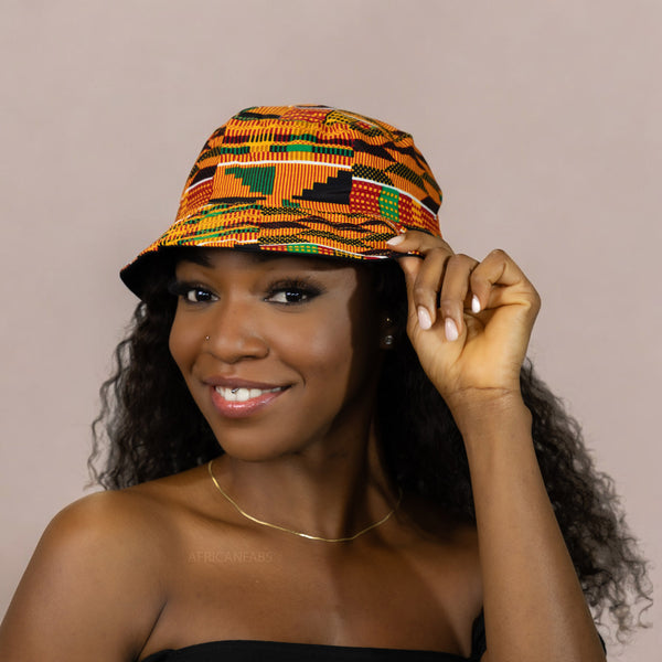 Bucket hat / Fischerhut mit afrikanischem Print - Satinfutter -Kente Orange / Grün- Kinder & Erwachsene Größen (Unisex)