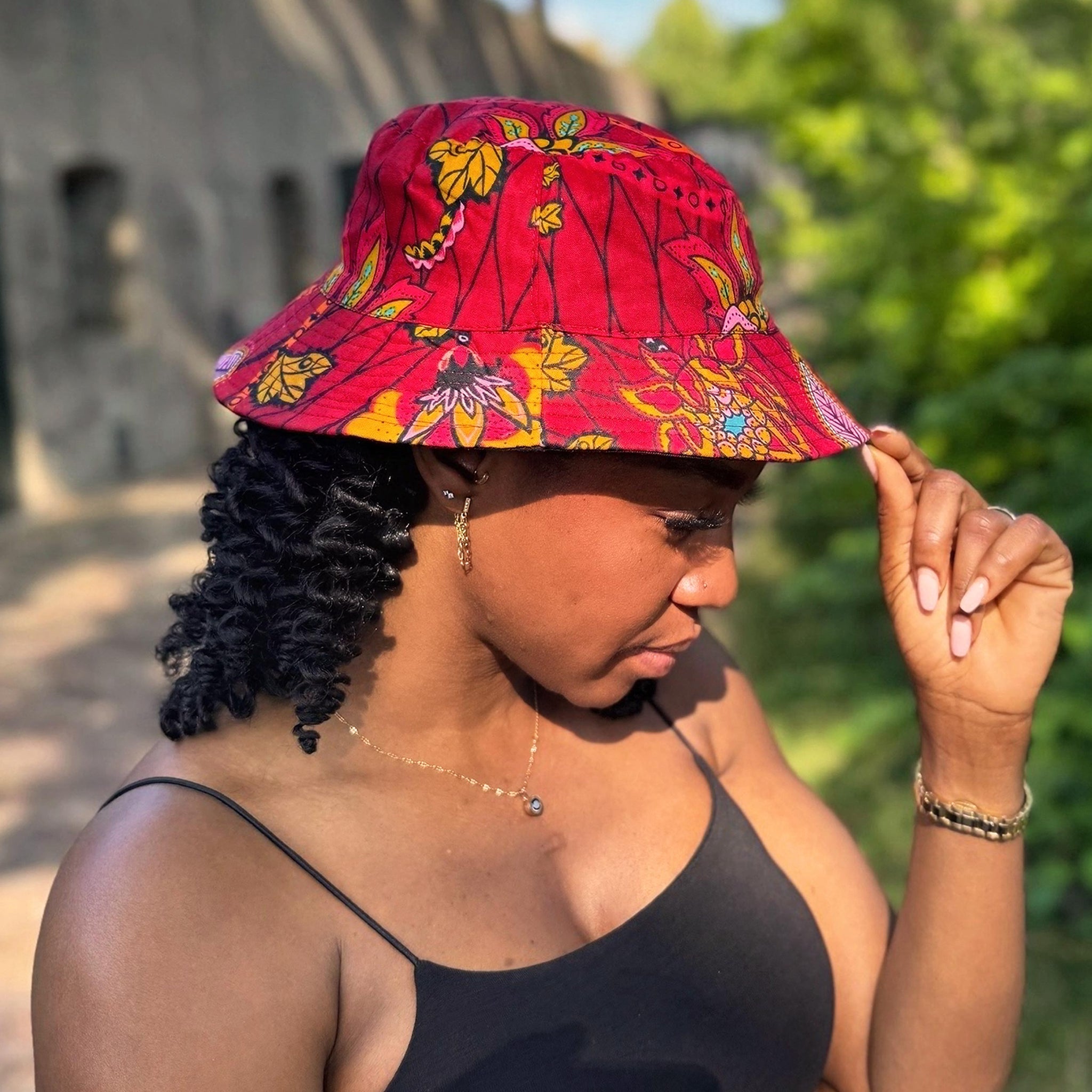 Bucket hat / Fisherman hat with African print - Dark Red & Yellow Botanical Flow - Kids & Adults sizes (Unisex)