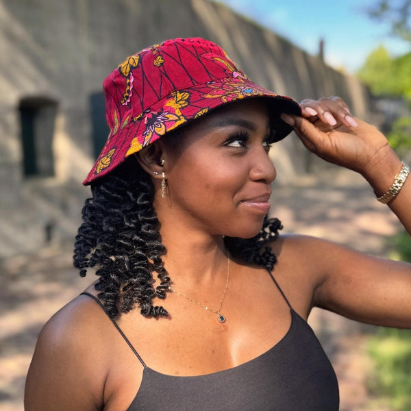 Bucket hat / Fisherman hat with African print - Dark Red & Yellow Botanical Flow - Kids & Adults sizes (Unisex)