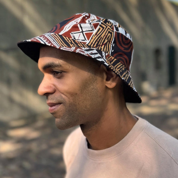 Bucket hat / Fisherman hat with African print - Brown Bogolan Mosaic - Kids & Adults sizes (Unisex)