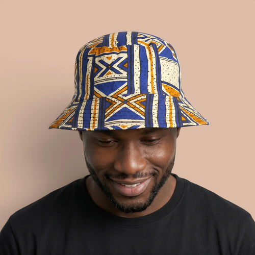 Bucket hat / Fischerhut mit afrikanischem Print - Blau Bogolan Heritage - Kinder & Erwachsene Größen (Unisex)