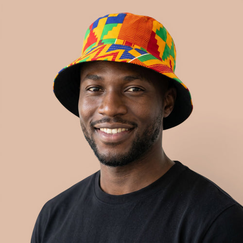 Bucket hat / Fischerhut mit afrikanischem Print - Gelb Blau Kente - Kinder & Erwachsene Größen (Unisex)