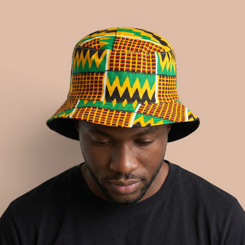 Bucket hat / Fischerhut mit afrikanischem Print - Grün Gelb Kente - Kinder & Erwachsene Größen (Unisex)