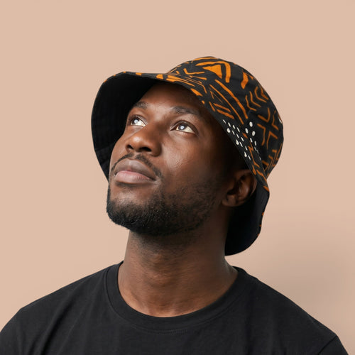 Bucket hat / Fischerhut mit afrikanischem Print - Schwarz Orange Bogolan Symbols - Kinder & Erwachsene Größen (Unisex)