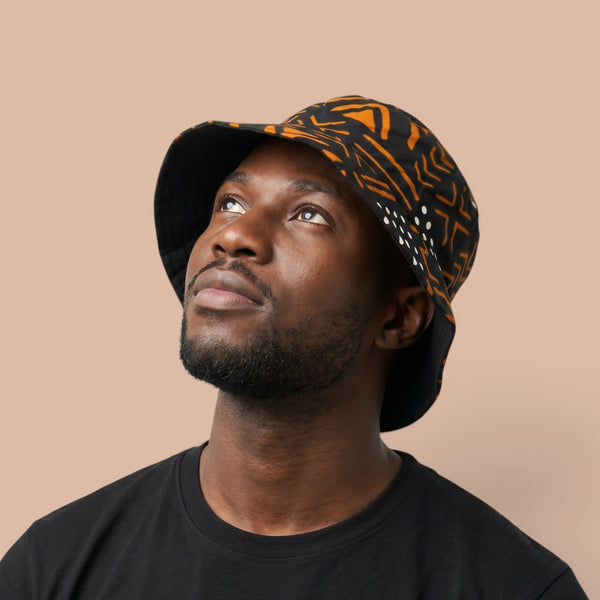 Bucket hat / Fischerhut mit afrikanischem Print - Schwarz Orange Bogolan Symbols - Kinder & Erwachsene Größen (Unisex)