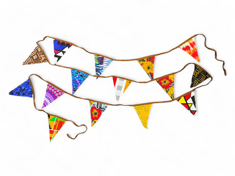 African print Bunting Flags / Fabric Garlands - Brown ribbon - 5 meters