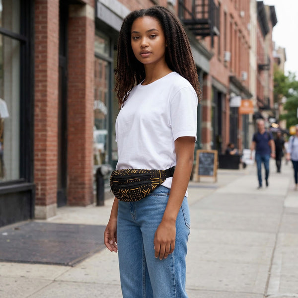 Bauchtasche mit afrikanischem Print Gürteltasche / Fanny pack / Hüfttasche / Bumbag - Gelb / Schwarz bogolan - mit verstellbarem Gurt