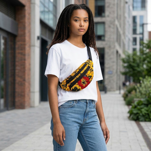 Bauchtasche mit afrikanischem Print Gürteltasche / Fanny pack / Hüfttasche / Bumbag - Gelbe / rote Blume - mit verstellbarem Gurt