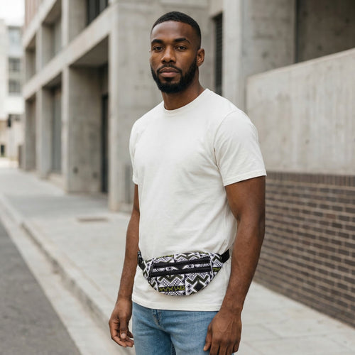 Bauchtasche mit afrikanischem Print Gürteltasche / Fanny pack / Hüfttasche / Bumbag - Weiss / Grün bogolan - mit verstellbarem Gurt