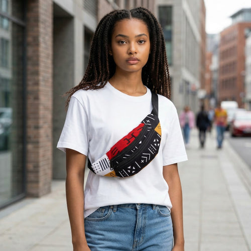 African Print Fanny Pack - Red Bogolan Symbols - Ankara Waist Bag / Bum bag / Festival Bag