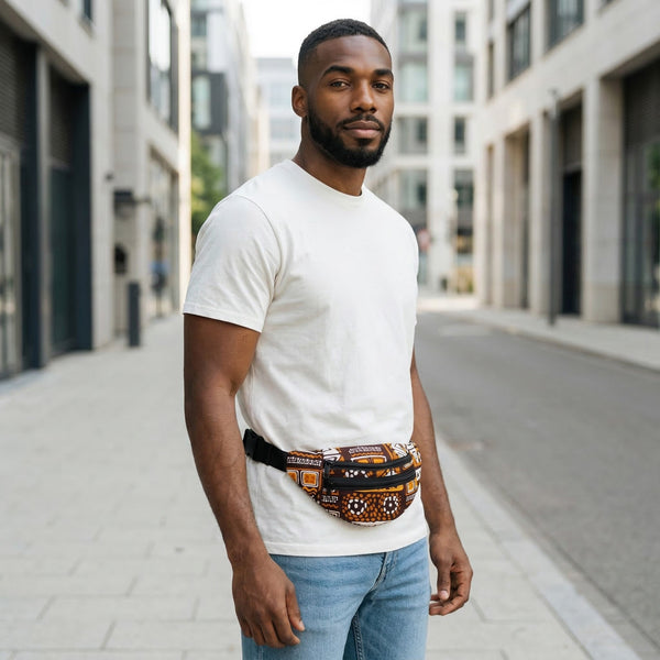African Print Fanny Pack - Brown Patterns Bogolan - Ankara Waist Bag / Bum bag / Festival Bag