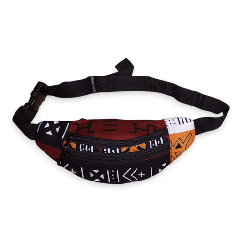 African Print Fanny Pack - Brown Bogolan Symbols - Ankara Waist Bag / Bum bag / Festival Bag