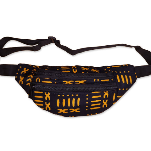 Sac banane imprimé africain - Noir / Jaune bogolan - Sac de taille Ankara / Sac pour fesses / Sac de festival avec sangle réglable