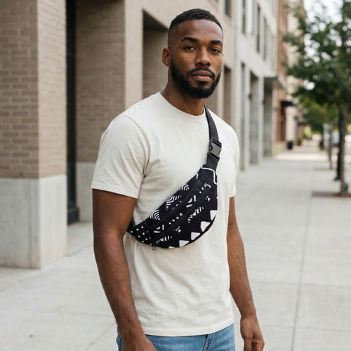 Bauchtasche mit afrikanischem Print Gürteltasche / Fanny pack / Hüfttasche / Bumbag - Schwarz / Weiss bogolan - mit verstellbarem Gurt