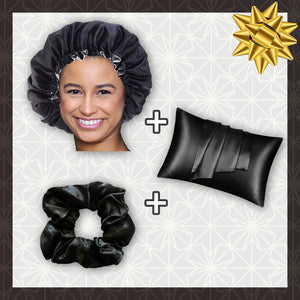 SATIN-SET - Schütze dein Haar und deine Haut - Schwarze Satin bonnet / Schlafhaube + Satin-Kissenbezug + Scrunchie