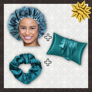 SATIN-SET - Schütze dein Haar und deine Haut - Teal Satin bonnet / Schlafhaube + Satin-Kissenbezug + Scrunchie