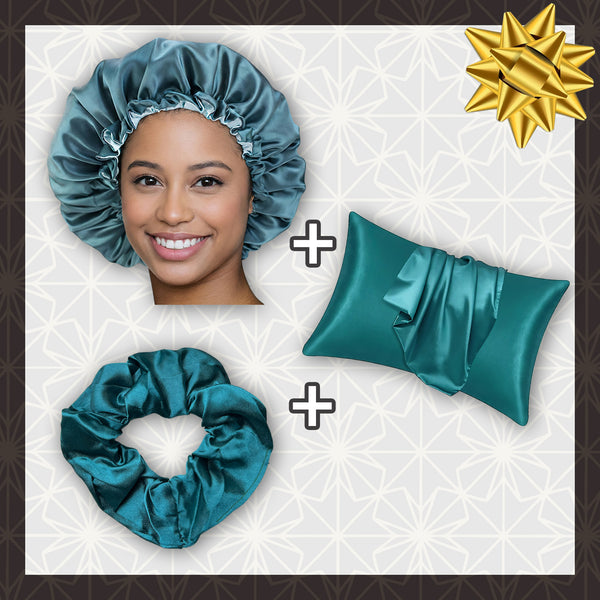 SET SATIN - Protégez vos cheveux et votre peau - Sarcelle Bonnet en Satin + Taie d'oreiller en satin + Scrunchie Satin