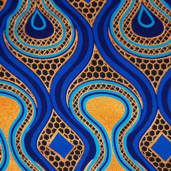 African print fabric - Exclusive Embellished Glitter effects 100% cotton - GL-4016 Blue Orange Gold (Important: please read)