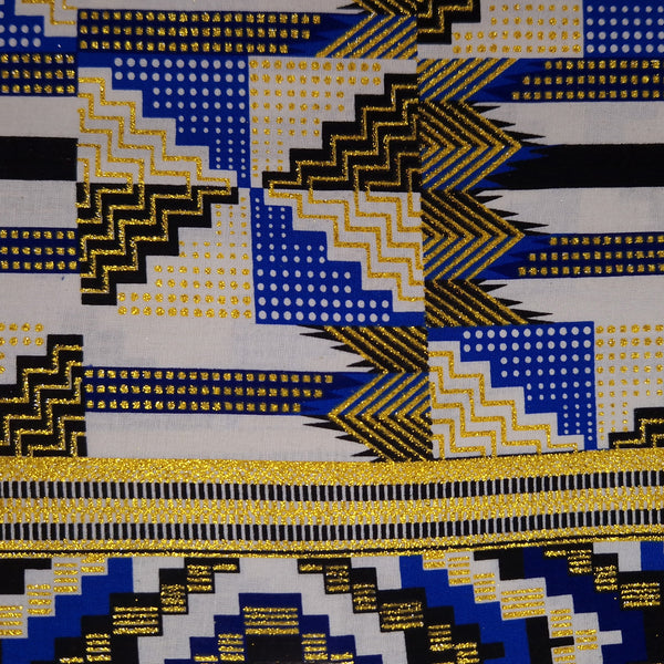 Afrikanischer Stoff - Exklusiv Verschönerte Glitzereffekte 100% Baumwolle - GL-4048 Blau Gold Kente