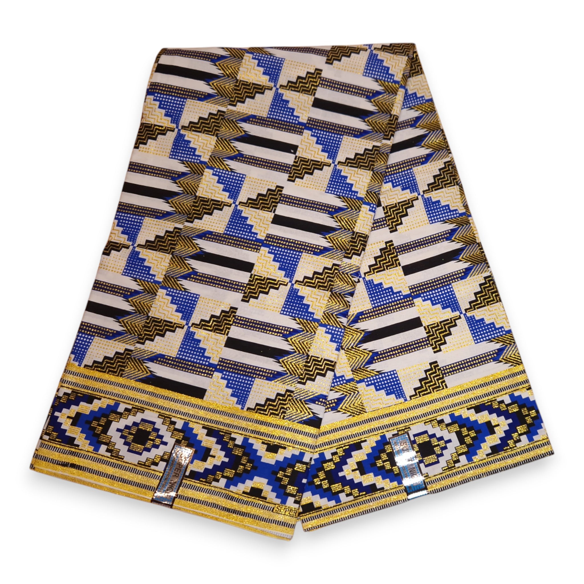 Afrikanischer Stoff - Exklusiv Verschönerte Glitzereffekte 100% Baumwolle - GL-4048 Blau Gold Kente