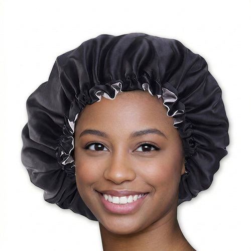 SATIN-SET - Schützen und bürsten Sie Ihr Haar - Schwarze Satin bonnet / Schlafhaube + Entwirrungsbürste  + Scrunchie